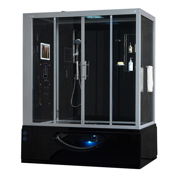 Maya Bath Catania Platinum Steam Shower Whirlpool Bathtub Combo with Smart TV - 71" × 38" × 88" - Black - Left Side - Cottage Chest