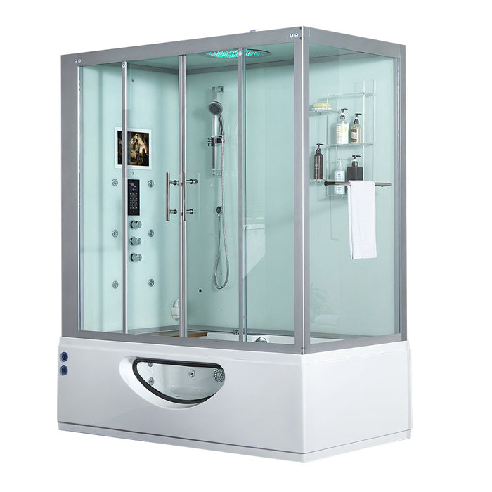 Maya Bath Catania Platinum Steam Shower Whirlpool Bathtub Combo with Smart TV - 71" × 38" × 88" - White - Left Side - Cottage Chest