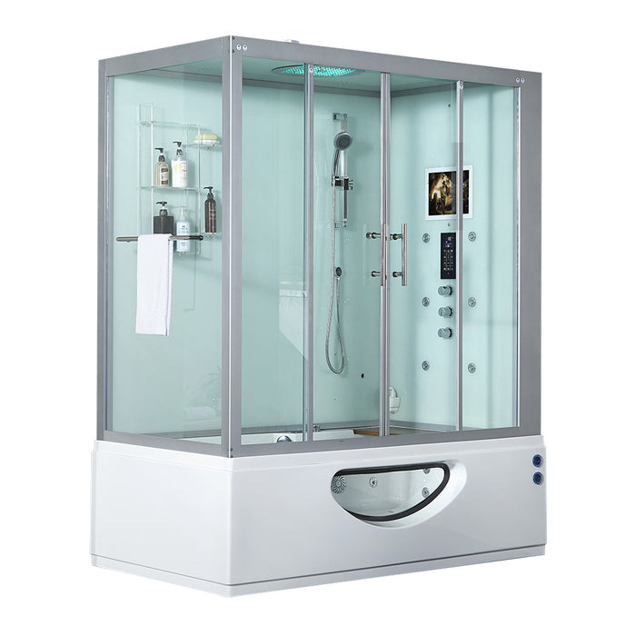 Maya Bath Catania Platinum Steam Shower Whirlpool Bathtub Combo with Smart TV - 71" × 38" × 88" - White - Right Side - Cottage Chest