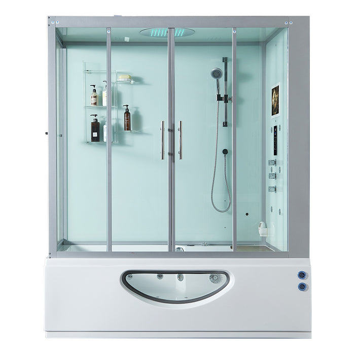 Maya Bath Catania Platinum Steam Shower Whirlpool Bathtub Combo with Smart TV - 71" × 38" × 88" - White - Right Side - Cottage Chest