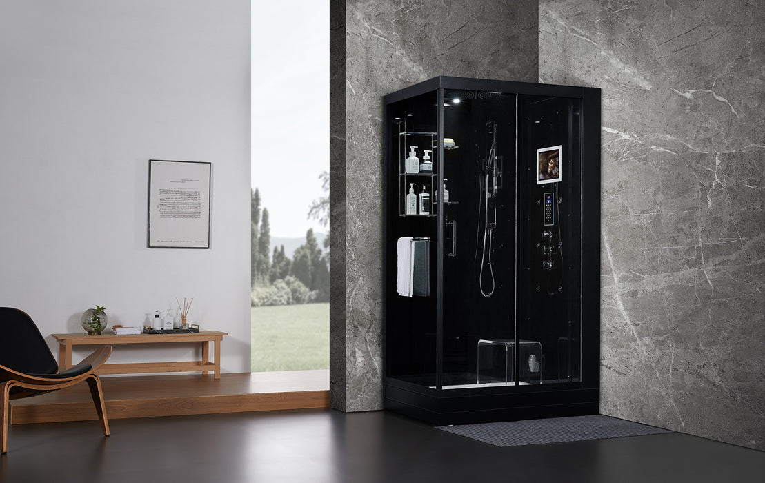 Maya Bath Platinum Lucca Steam Shower with TV - 47" x 33" x 88" - Black - Right Side - Cottage Chest