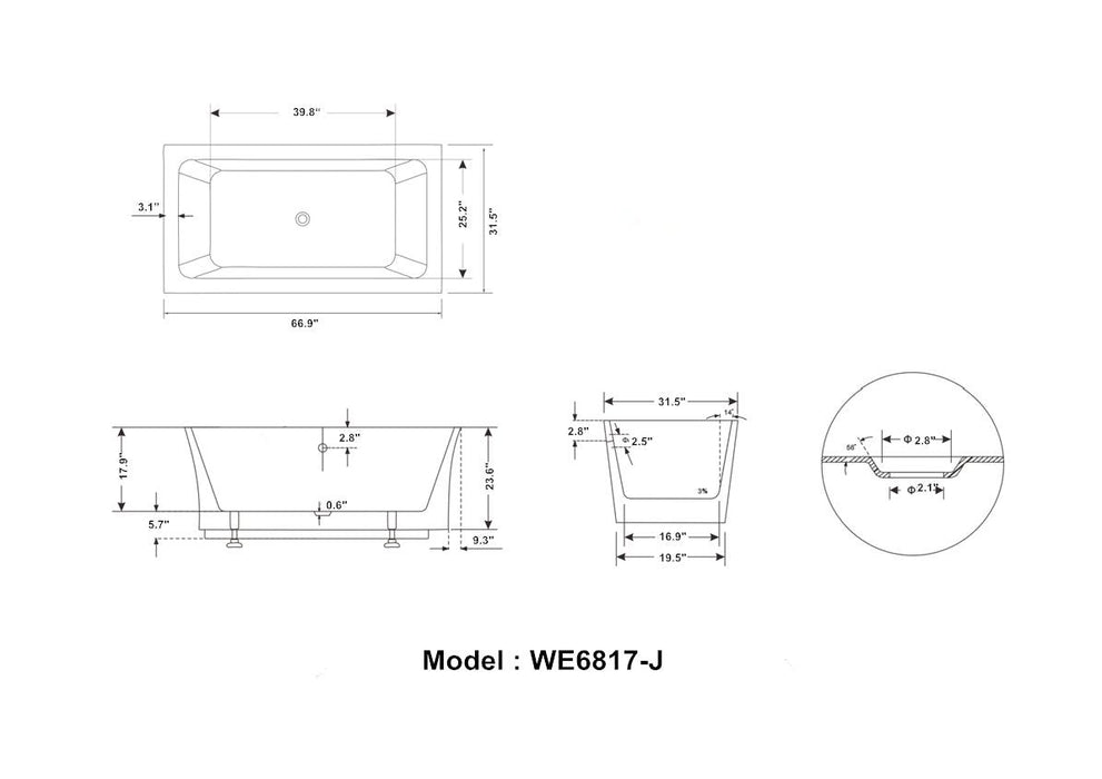 Legion Furniture 67.3" White Acrylic Freestanding Soaking Bathtub - Cottage Chest