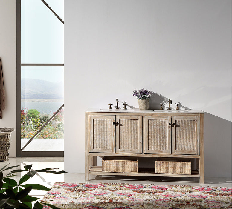 Legion Furniture 60" Solid Wood Sink Vanity with Marble Top - Rustic White Wash - Cottage Chest