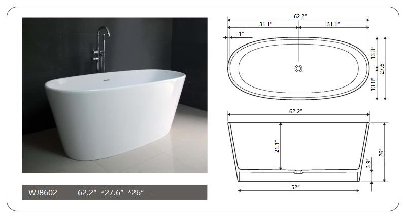 Legion Furniture 62.2" White Matt Solid Surface Tub - Freestanding - Soaking - Cottage Chest