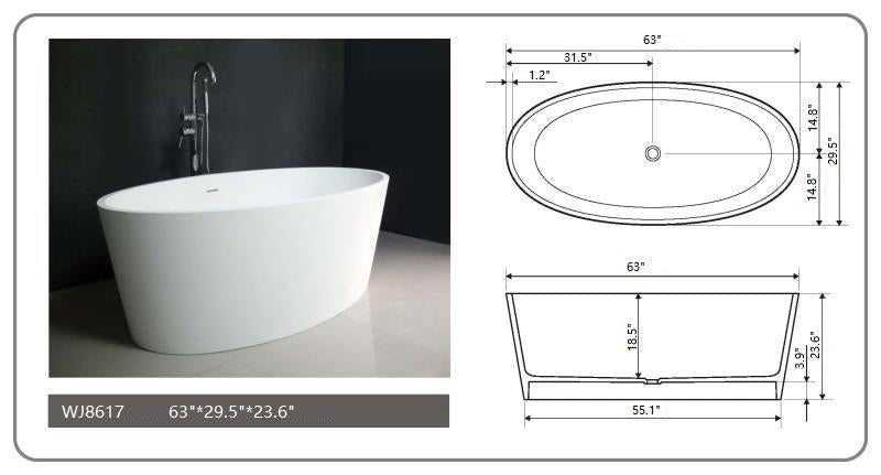 Legion Furniture 63" White Matt Solid Surface Freestanding Soaking Bathtub - Cottage Chest