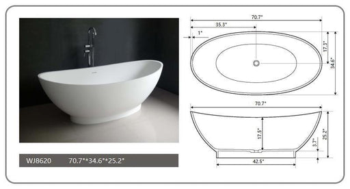 Legion Furniture 70.7" White Matt Solid Surface Freestanding Soaking Bathtub - Cottage Chest