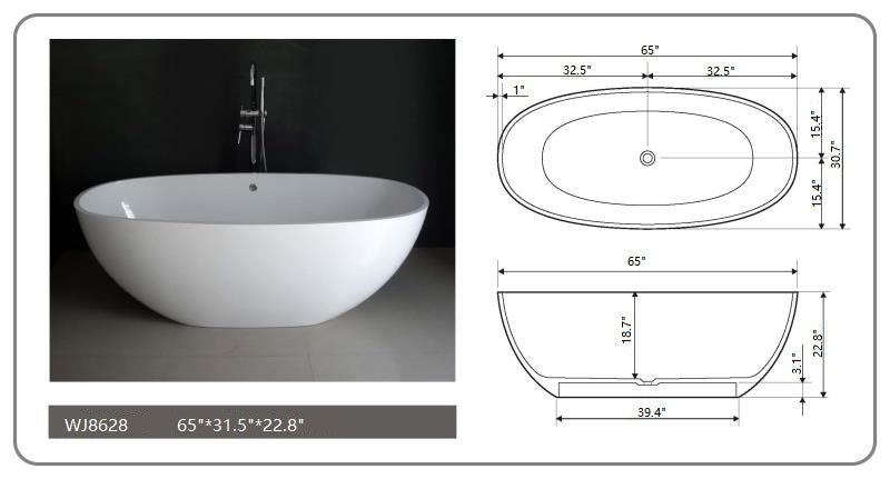 Legion Furniture 65" White Matt Solid Surface Freestanding Soaking Bathtub - 80 Gallons - Cottage Chest