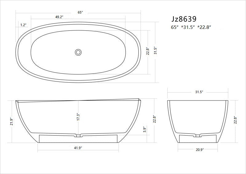 Legion Furniture 65" White Matt Solid Surface Freestanding Bathtub - 74 gallons - Cottage Chest