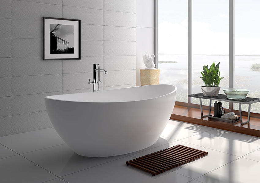 Legion Furniture 71" White Matt Solid Surface Bathtub - Freestanding Pedestal - Soaker - Cottage Chest