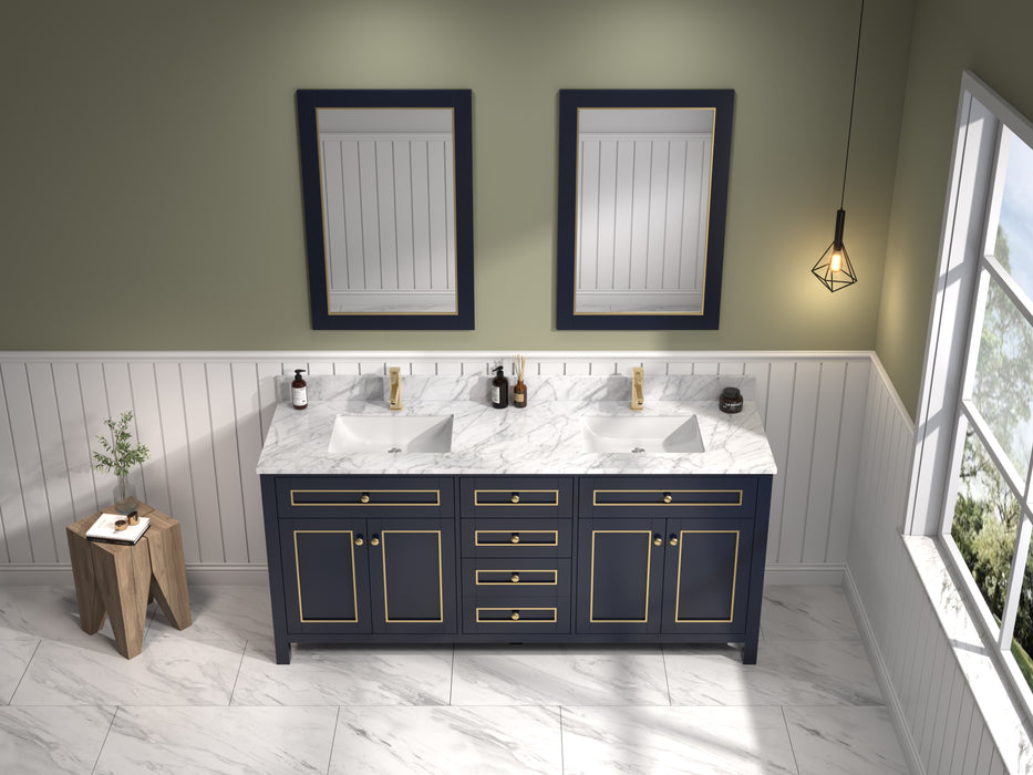 Legion Furniture 72" Blue Finish Double Sink Vanity Cabinet with Carrara White Top - Cottage Chest