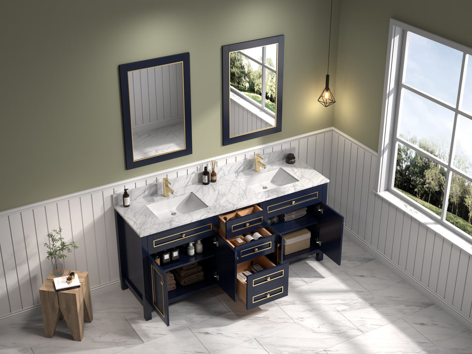 Legion Furniture 72" Blue Finish Double Sink Vanity Cabinet with Carrara White Top - Cottage Chest