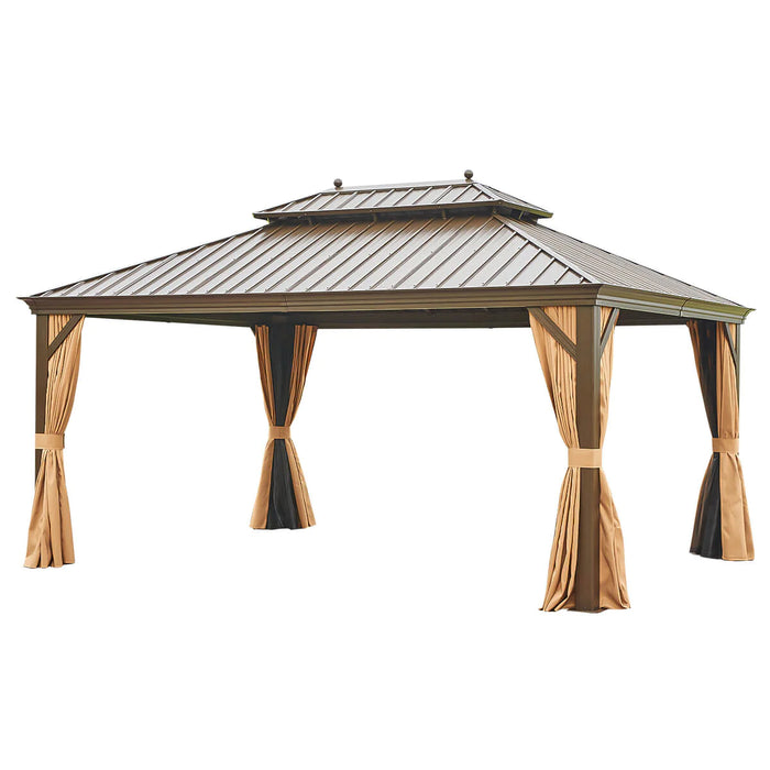 EROMMY 12'X16' Hardtop Gazebo Galvanized Steel Double-Roof Pergola W/ Netting Curtain - Cottage Chest