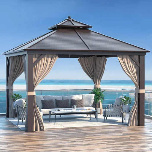 EROMMY 12'X12' Deluxe Hardtop Gazebo Canopy Galvanized Steel Pergolas With Netting & Curtains - Cottage Chest