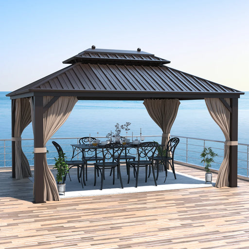 EROMMY 10'X13' Hardtop Gazebo Galvanized Steel Double-Roof Gazebo W/ Netting Curtain - Cottage Chest