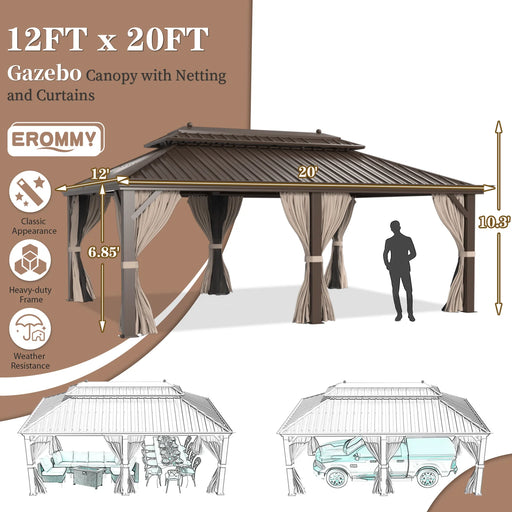 EROMMY 12'X20' Galvanized Steel Hardtop Gazebo Double-Roof Pergola W/ Netting Curtain - Cottage Chest