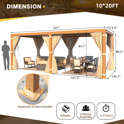 EROMMY 10x20 Louvered Pergola With Adjustable Rainproof Roof, Wood Grain Outdoor Aluminum Pergola, Curtains And Netting Included - Cottage Chest