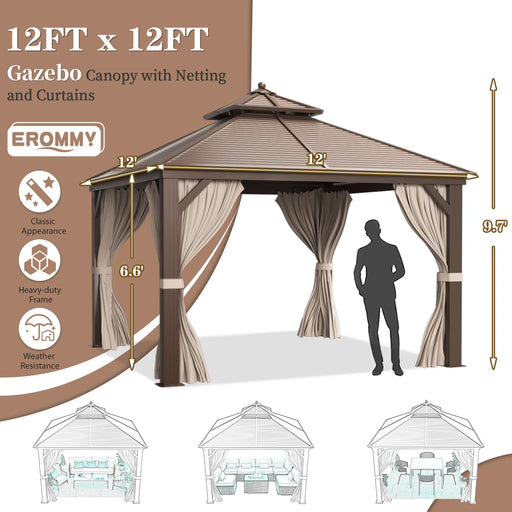 EROMMY 12'X12' Deluxe Hardtop Gazebo Canopy Galvanized Steel Pergolas With Netting & Curtains - Cottage Chest