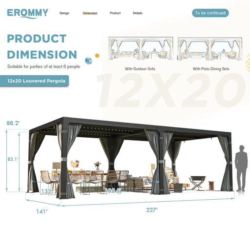 EROMMY 12'×20' Outdoor Louvered Pergola With Adjustable Aluminum Rainproof Roof, For Garden Yard, Curtains And Netting Included, Black - Cottage Chest