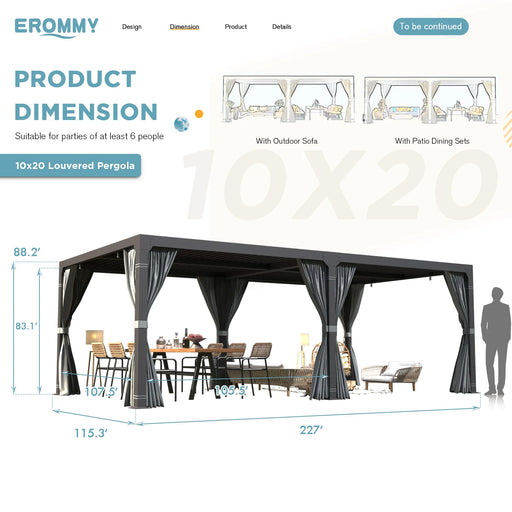 EROMMY 10'×20' Outdoor Louvered Pergola With Adjustable Aluminum Rainproof Roof, For Garden Yard, Curtains And Netting Included, Black - Cottage Chest