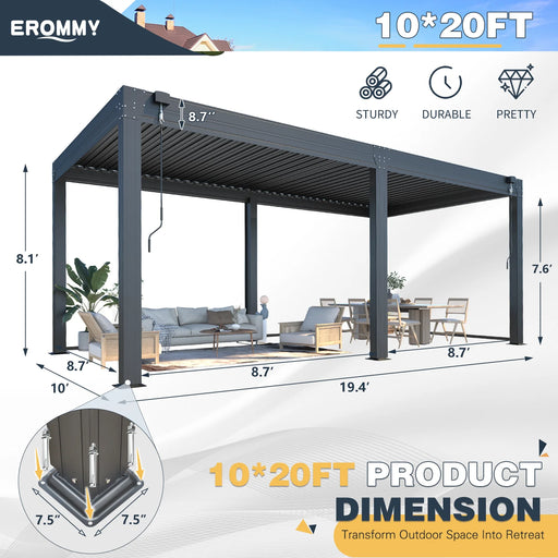 EROMMY 10×20 FT Aluminum Louvered Pergola With 6-Panel Pull-Down Privacy Screen, Hardtop Rainproof Pergola With Adjustable Roof, Dark Grey - Cottage Chest