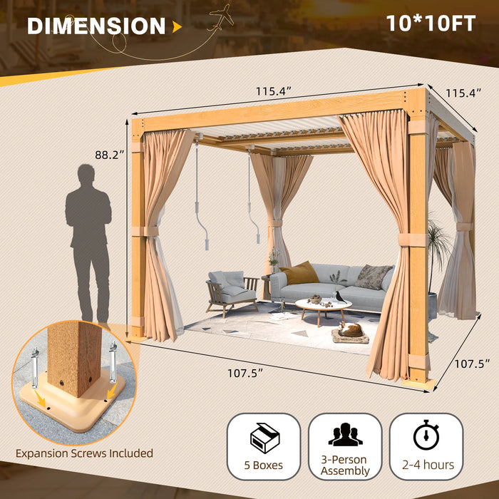 EROMMY 10x10 Louvered Pergola With Adjustable Rainproof Roof, Wood Grain Outdoor Aluminum Pergola, Curtains And Netting Included - Cottage Chest