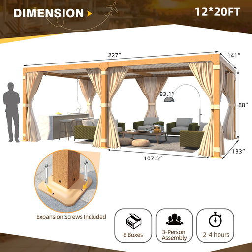 EROMMY 12x20 Louvered Pergola With Adjustable Rainproof Roof, Wood Grain Outdoor Aluminum Pergola, Curtains And Netting Included - Cottage Chest