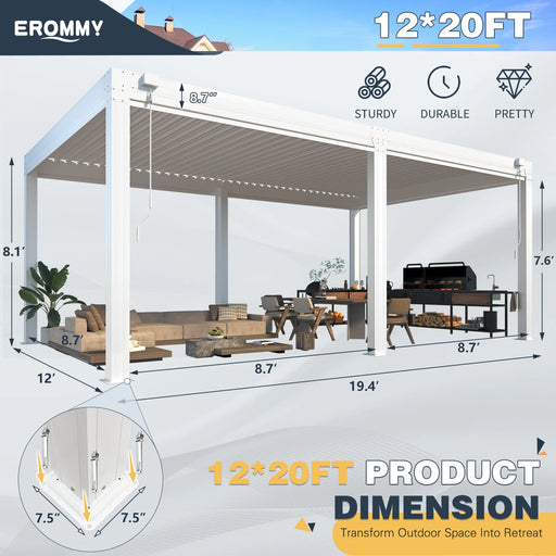 EROMMY 12×20 FT Aluminum Louvered Pergola With 6-Panel Pull-Down Privacy Screen, Hardtop Rainproof Pergola With Adjustable Roof, White - Cottage Chest