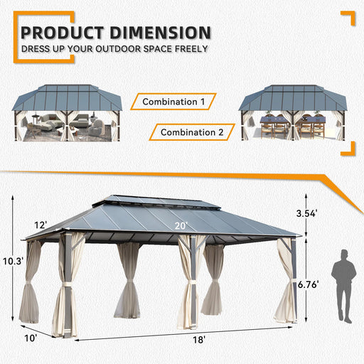 EROMMY 12x20FT Hardtop Gazebo, Aluminum Patio Gazebo With Composite Double Roof, Curtains And Netting - Cottage Chest