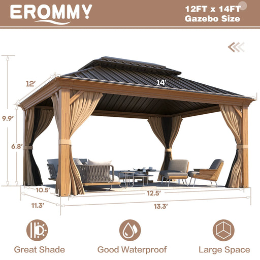 EROMMY 12' X 14' Hardtop Wooden Finish Aluminum Patio Gazebo W/ Galvanized Steel Metal Double Roof, Curtains &Netting - Cottage Chest