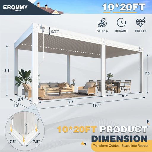 EROMMY 10×20 FT Aluminum Louvered Pergola With 6-Panel Pull-Down Privacy Screen, Hardtop Rainproof Pergola With Adjustable Roof, White - Cottage Chest