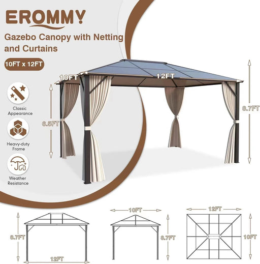 EROMMY Patio Hardtop Gazebo 10’X12’ Aluminum Frame Gazebos With Netting & Curtain - Cottage Chest