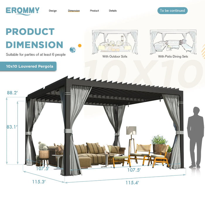 EROMMY 10' X 10' Outdoor Louvered Pergola, Patio Hardtop Gazebo For Garden Yard, Curtains And Netting Included, Black - Cottage Chest