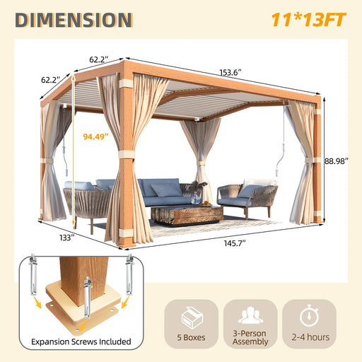 EROMMY 11x13 Louvered Pergola With Adjustable Rainproof Roof, Wood Grain Outdoor Aluminum Pergola, Curtains And Netting Included - Cottage Chest