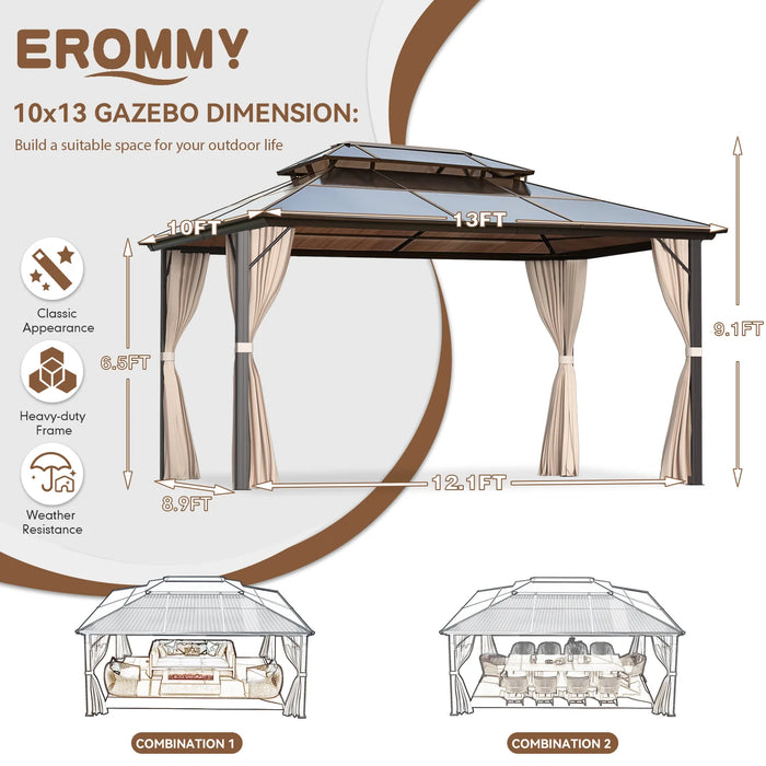 EROMMY Patio Hardtop Gazebo 10x13ft Double-Roof Aluminum Gazebos W/ Netting & Curtains - Cottage Chest