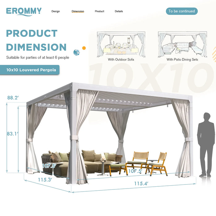 EROMMY 10' X 10' Outdoor Louvered Pergola, Patio Hardtop Gazebo For Garden Yard, Curtains And Netting Included, White - Cottage Chest