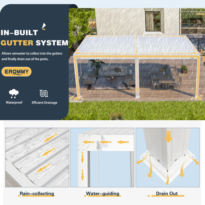 EROMMY 10×20 FT Aluminum Louvered Pergola With 6-Panel Pull-Down Privacy Screen, Hardtop Rainproof Pergola With Adjustable Roof, White - Cottage Chest