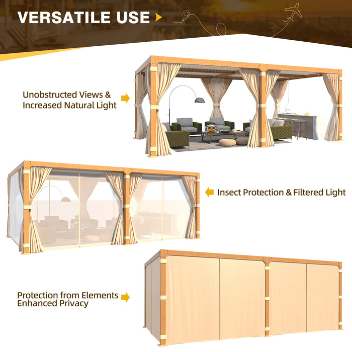 EROMMY 12x20 Louvered Pergola With Adjustable Rainproof Roof, Wood Grain Outdoor Aluminum Pergola, Curtains And Netting Included - Cottage Chest