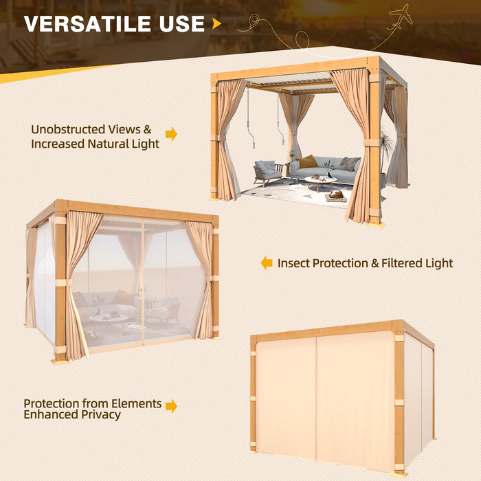 EROMMY 10x10 Louvered Pergola With Adjustable Rainproof Roof, Wood Grain Outdoor Aluminum Pergola, Curtains And Netting Included - Cottage Chest