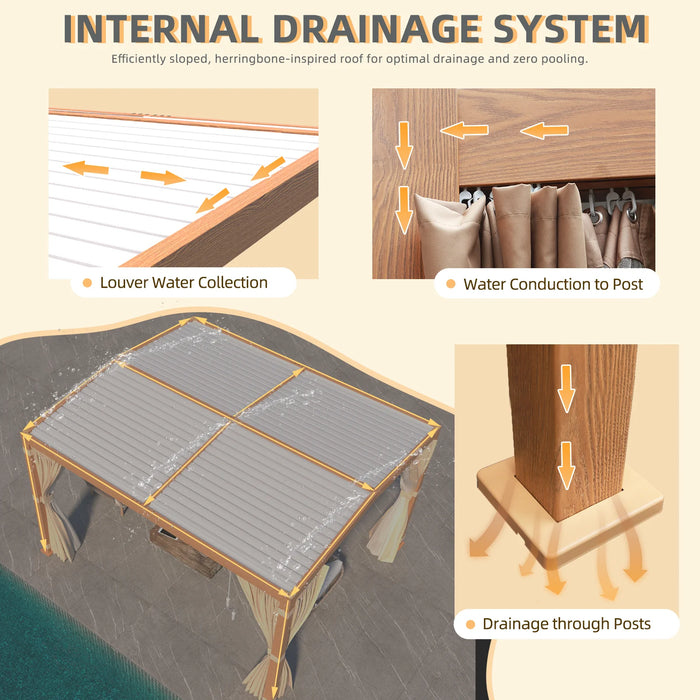 EROMMY 11x13 Louvered Pergola With Adjustable Rainproof Roof, Wood Grain Outdoor Aluminum Pergola, Curtains And Netting Included - Cottage Chest