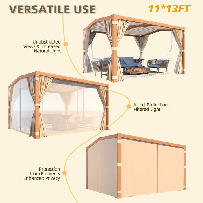 EROMMY 11x13 Louvered Pergola With Adjustable Rainproof Roof, Wood Grain Outdoor Aluminum Pergola, Curtains And Netting Included - Cottage Chest