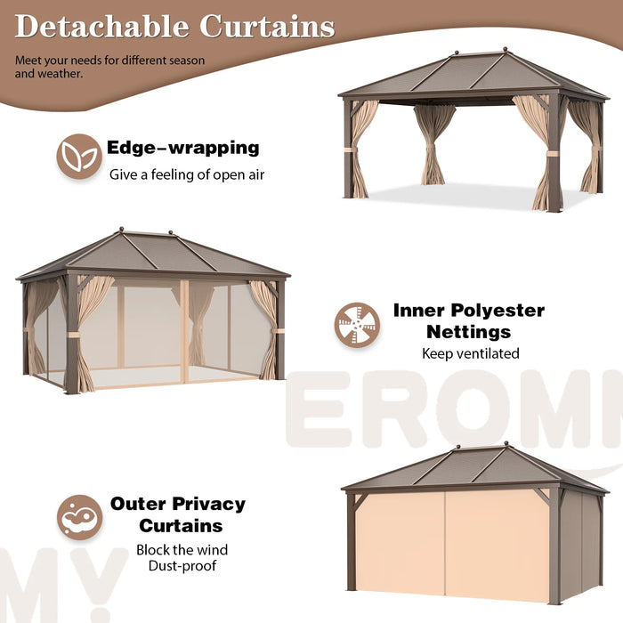 EROMMY 10'X13' Galvanized Steel Hardtop Gazebo Aluminum Frame With Netting Curtains - Cottage Chest