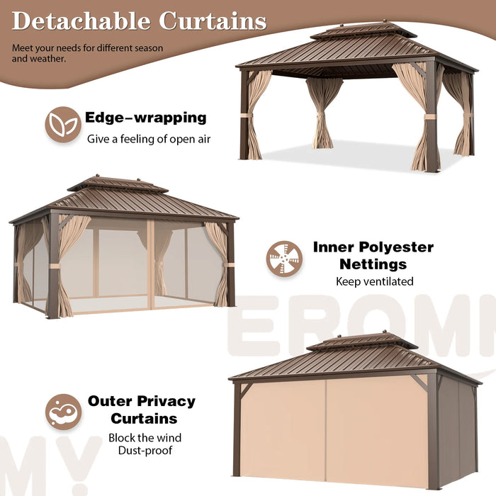 EROMMY 10'X13' Hardtop Gazebo Galvanized Steel Double-Roof Gazebo W/ Netting Curtain - Cottage Chest