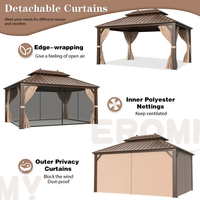 EROMMY 12'X16' Hardtop Gazebo Galvanized Steel Double-Roof Pergola W/ Netting Curtain - Cottage Chest