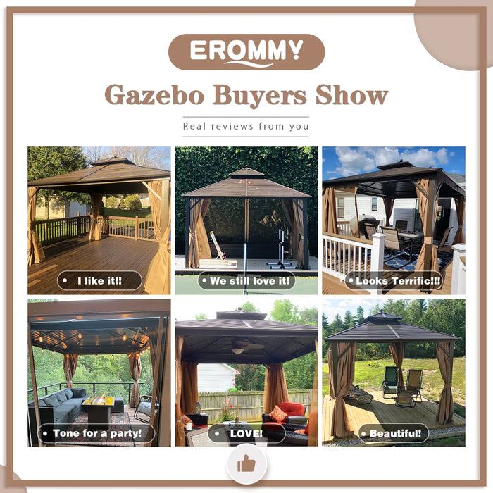 EROMMY 12'X12' Deluxe Hardtop Gazebo Canopy Galvanized Steel Pergolas With Netting & Curtains - Cottage Chest