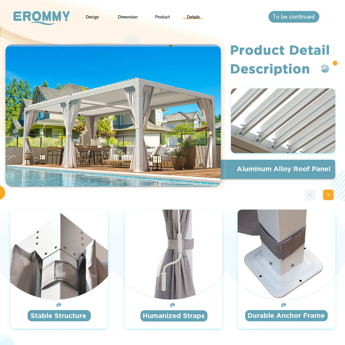 EROMMY 10'×20' Outdoor Louvered Pergola With Adjustable Aluminum Rainproof Roof, For Garden Yard, Curtains And Netting Included, White - Cottage Chest