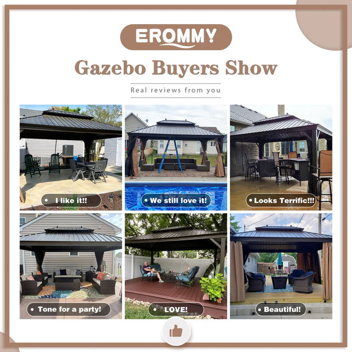 EROMMY 12'X16' Hardtop Gazebo Galvanized Steel Double-Roof Pergola W/ Netting Curtain - Cottage Chest