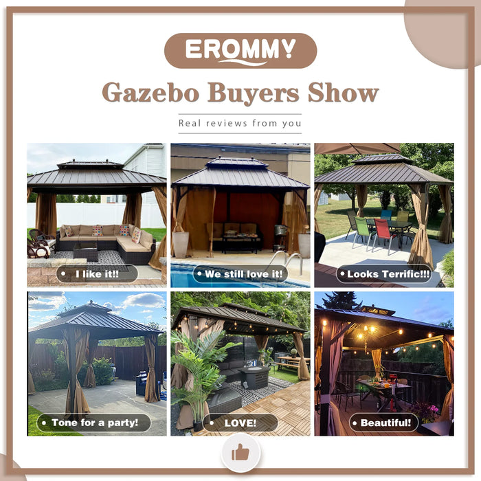 EROMMY 10'X13' Hardtop Gazebo Galvanized Steel Double-Roof Gazebo W/ Netting Curtain - Cottage Chest