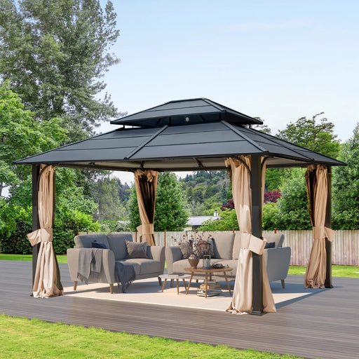 EROMMY 12' X 14' Deluxe Outdoor Double Roof Hardtop Gazebo With Curtains And Netting, Anti-Rust Coating Frame - Cottage Chest