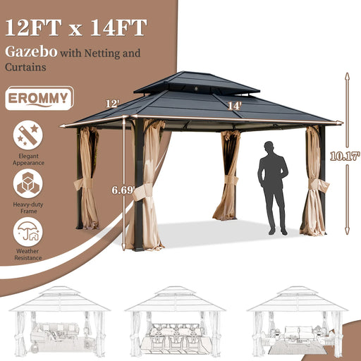 EROMMY 12' X 14' Deluxe Outdoor Double Roof Hardtop Gazebo With Curtains And Netting, Anti-Rust Coating Frame - Cottage Chest