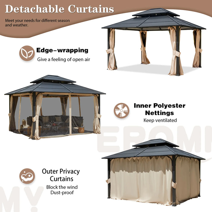 EROMMY 12' X 14' Deluxe Outdoor Double Roof Hardtop Gazebo With Curtains And Netting, Anti-Rust Coating Frame - Cottage Chest